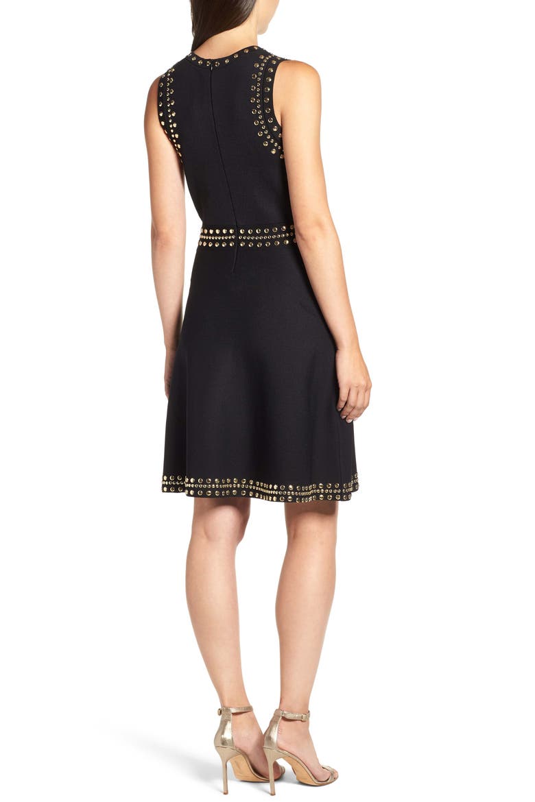 Studded Fit & Flare Dress, Alternate, color, BLACK/ GOLD