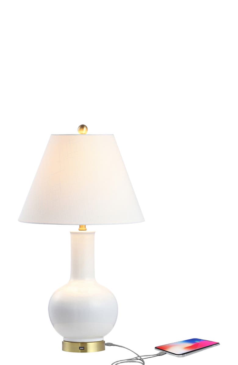 JONATHAN Y Han 27" Ceramic/Iron Contemporary USB Charging LED Table Lamp, White/Brass Gold, Main, color, White/Brass Gold