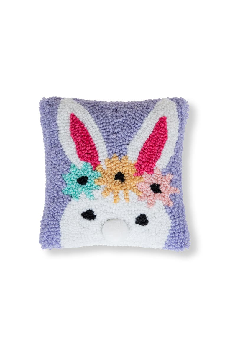Easter Bunny Flower Crown Small Petite Mini Hooked Accent Pillow 8" x 8", Main, color, Blue