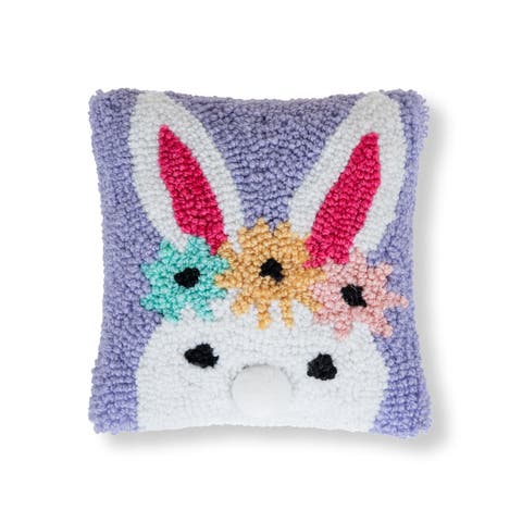 Easter Bunny Flower Crown Small Petite Mini Hooked Accent Pillow 8" x 8"