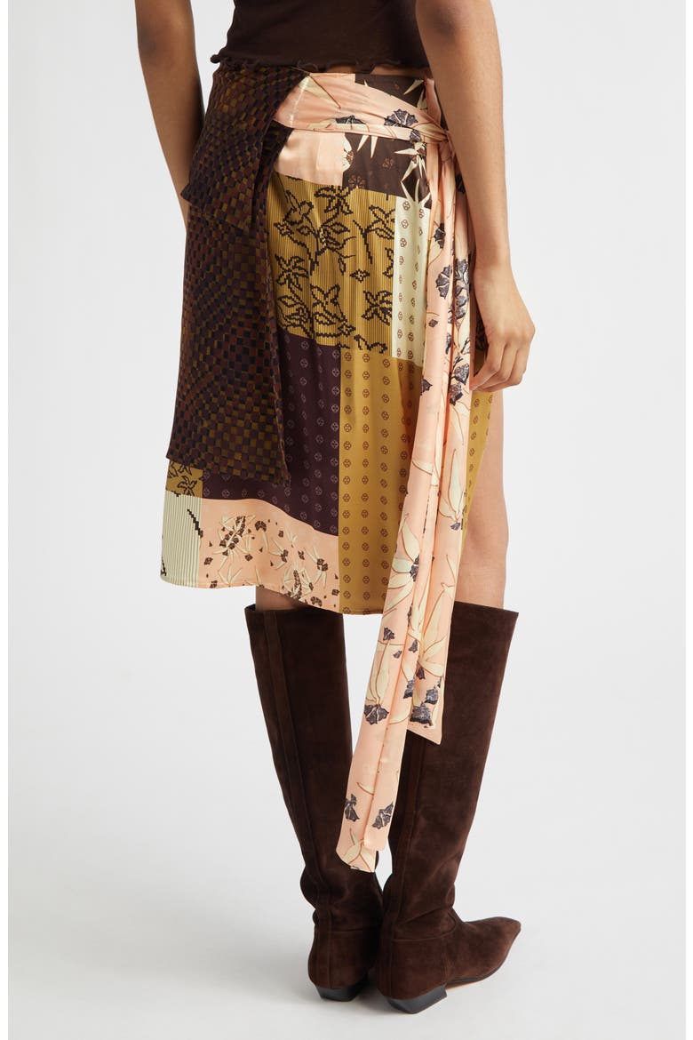 Zoe Patchwork Print Satin Skirt with Sash, Alternate, color, BROWN MULTI