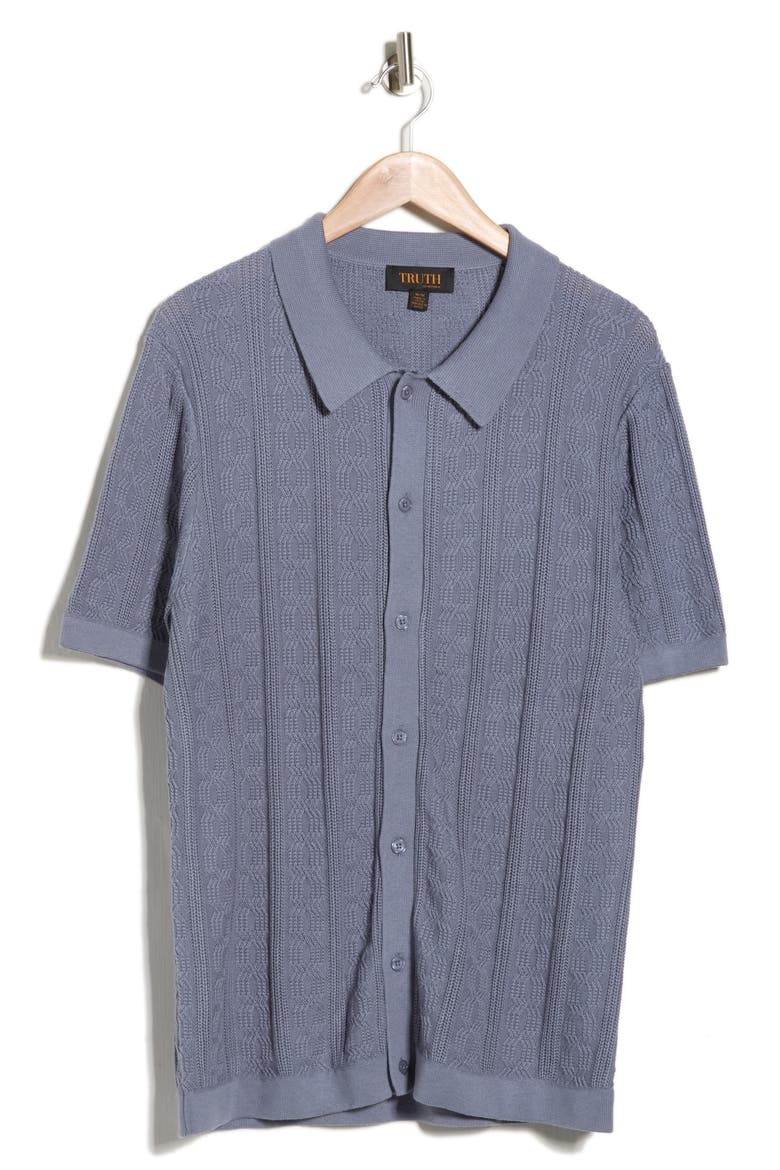 Short Sleeve Cable Knit Button-Up Shirt, Alternate, color, DUSK BLUE