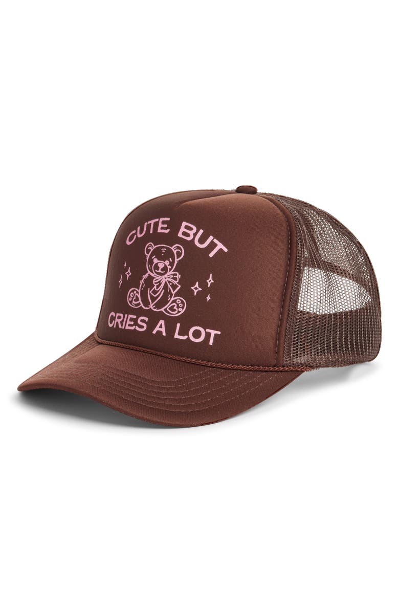 Friday Feelin’ Cute But Cries A Lot Trucker Hat, Main, color, Brown