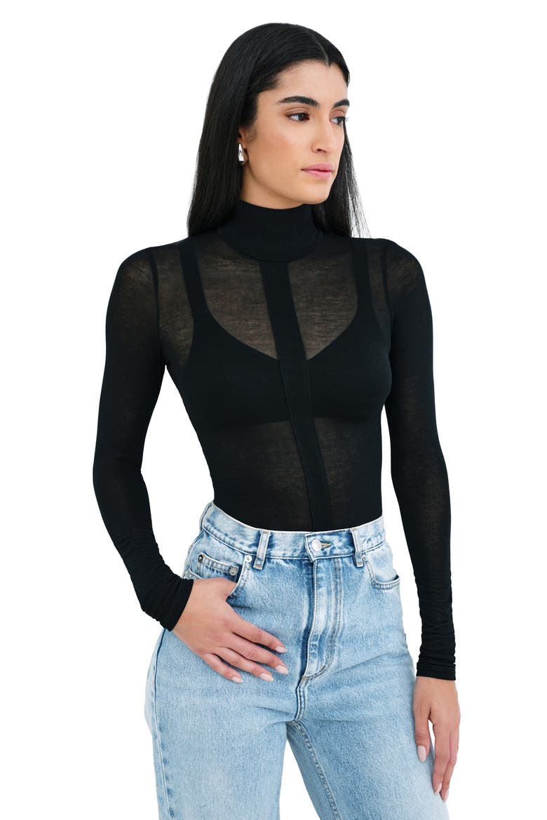 Amsterdam Sheer Jersey Turtleneck Top, Alternate, color, BLACK