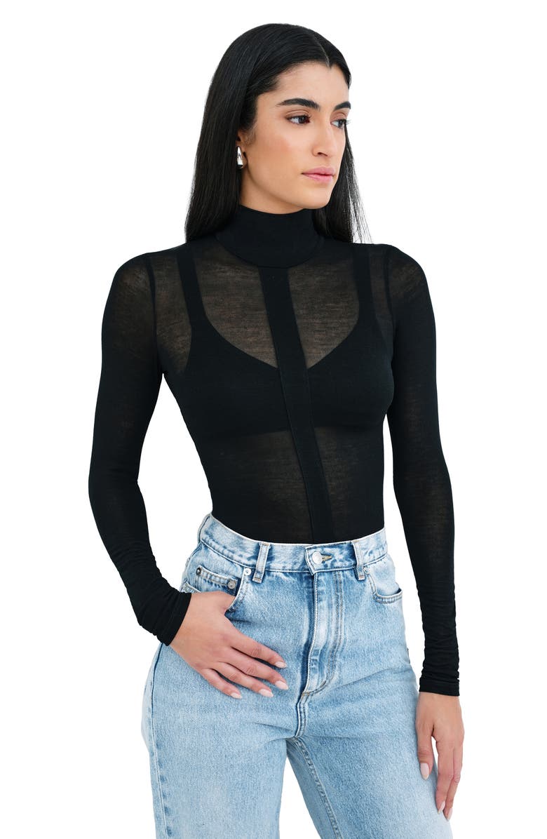 Marcella Amsterdam Sheer Jersey Turtleneck Top, Alternate, color, Black