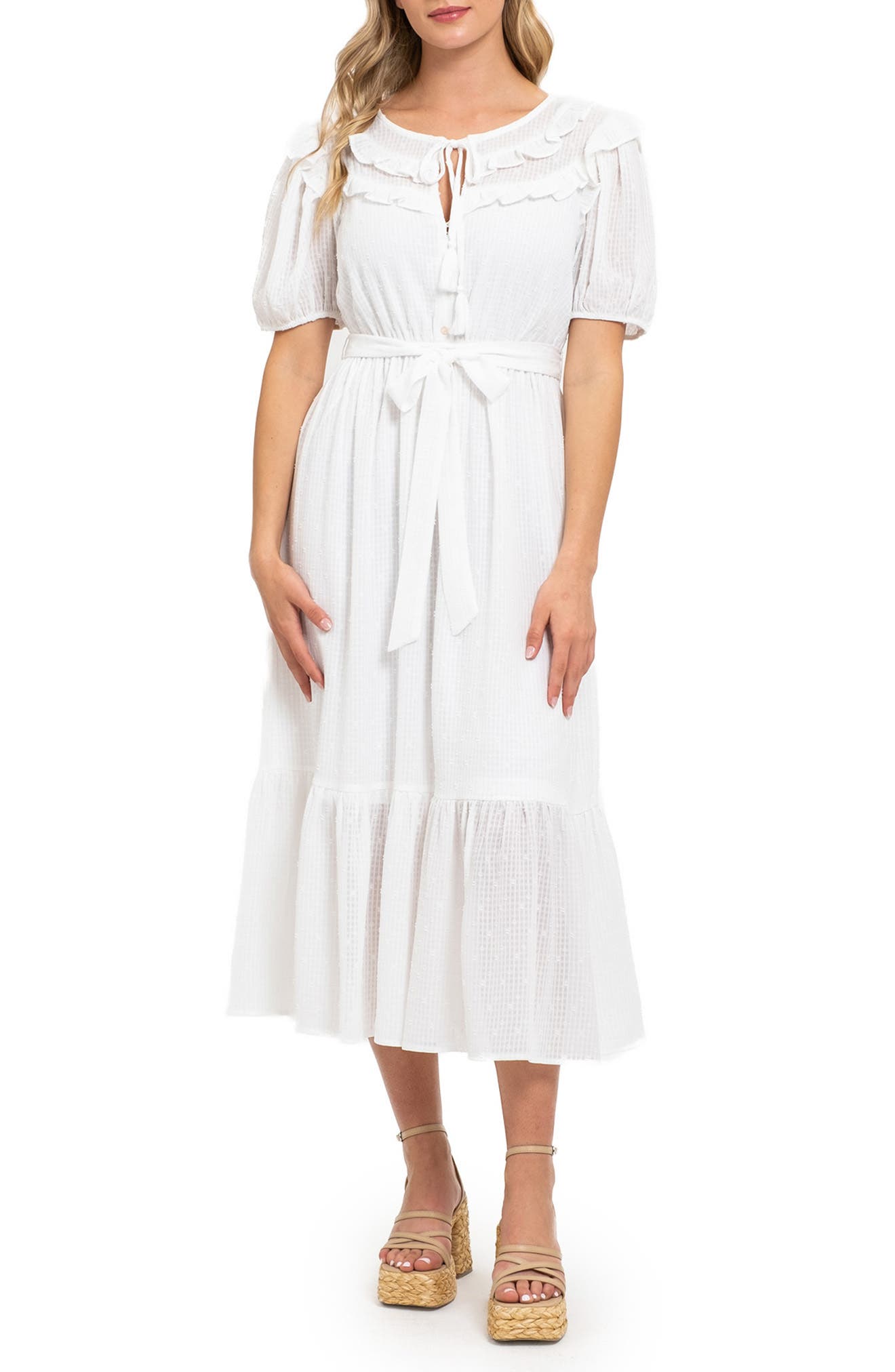 AUGUST SKY Short Sleeve Tie Waist Midi Shirtdress