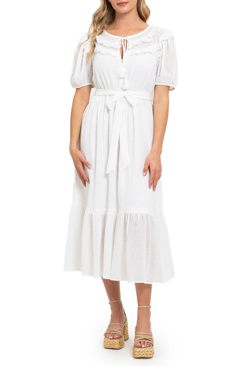 Short Sleeve Tie Waist Midi Shirtdress, Main, color, WHITE