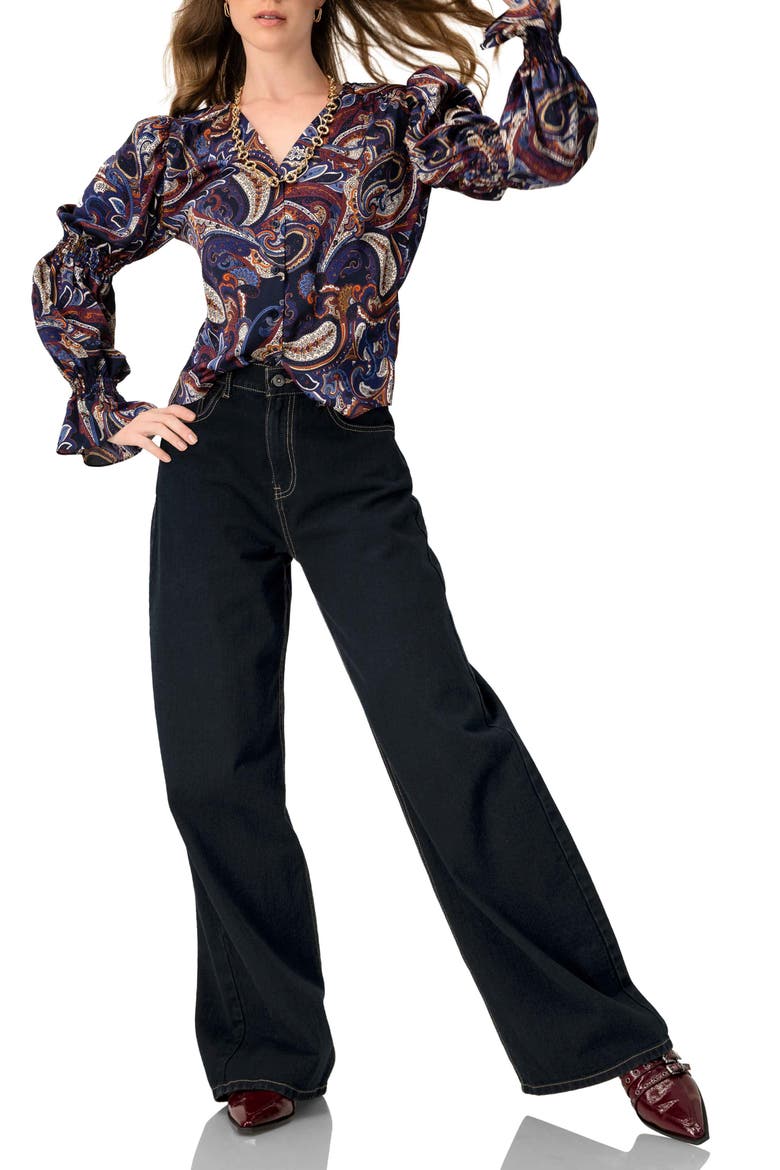 V-Neck Printed Shirt With Smocked Sleeves, Alternate, color, Multi-Brown