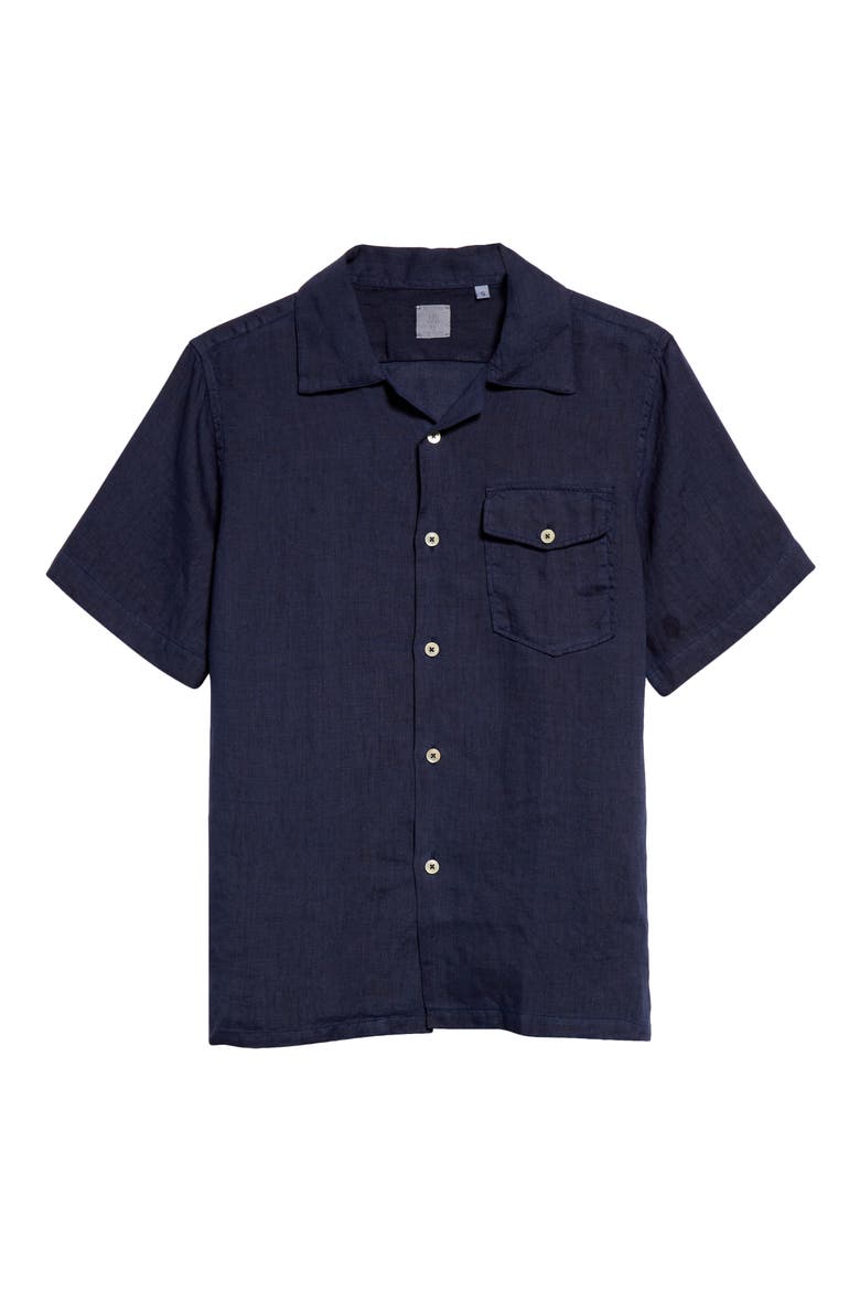 Short Sleeve Linen Button-Up Shirt, Alternate, color, NAVY