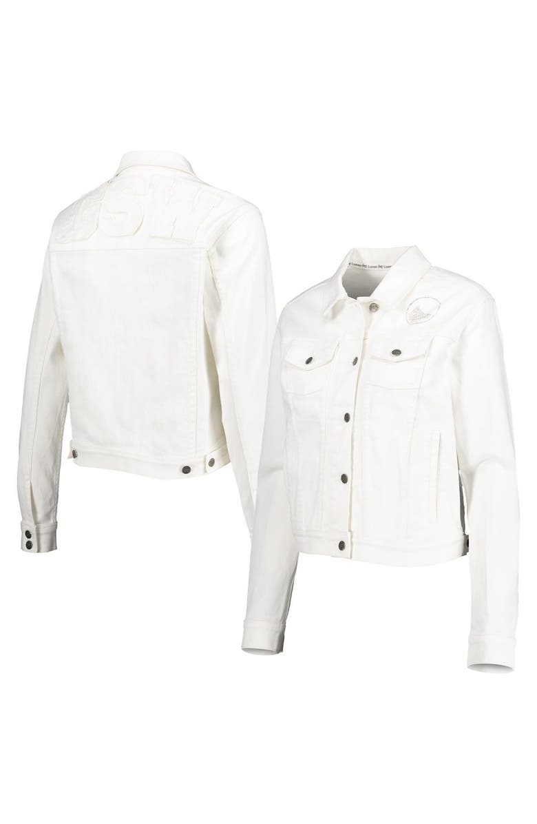 LUSSO Women's Lusso White Golden State Warriors Swarovski Crystal & Distressed Button-Up Denim Jacket, Alternate, color, White