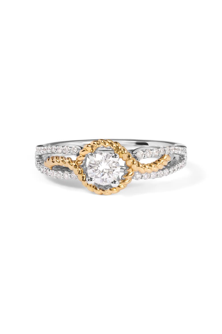 14K Two-Toned Gold Diamond 3/8 Cttw Diamond Split Shank and Halo Engagement Ring, Main, color, Yellow