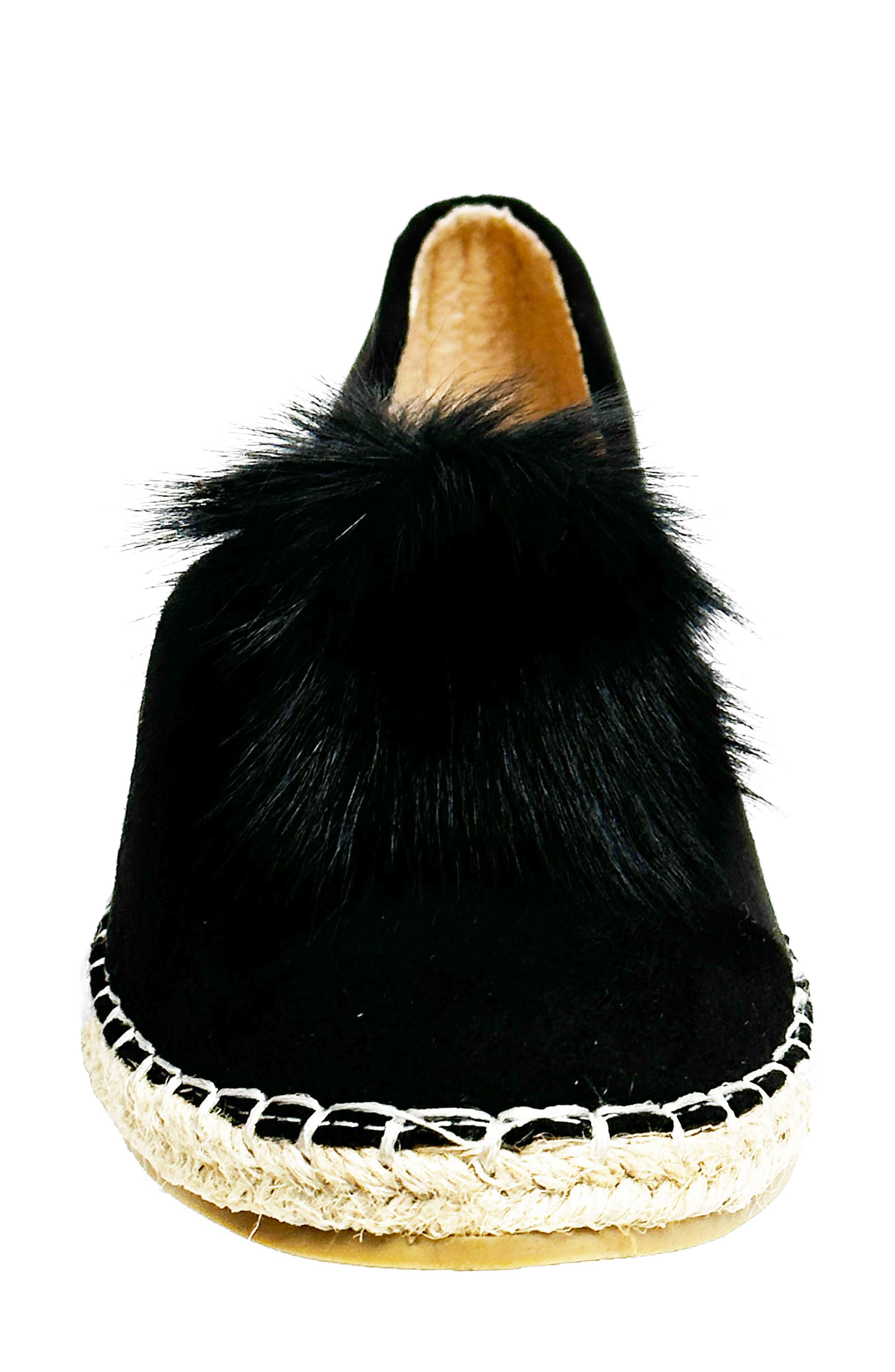 Faux Fur Pompom Espadrille Flat, Alternate, color, BLACK