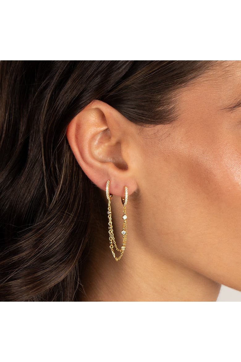 CZ Bezel Station Double Chain Huggie Earring, Alternate, color, Gold