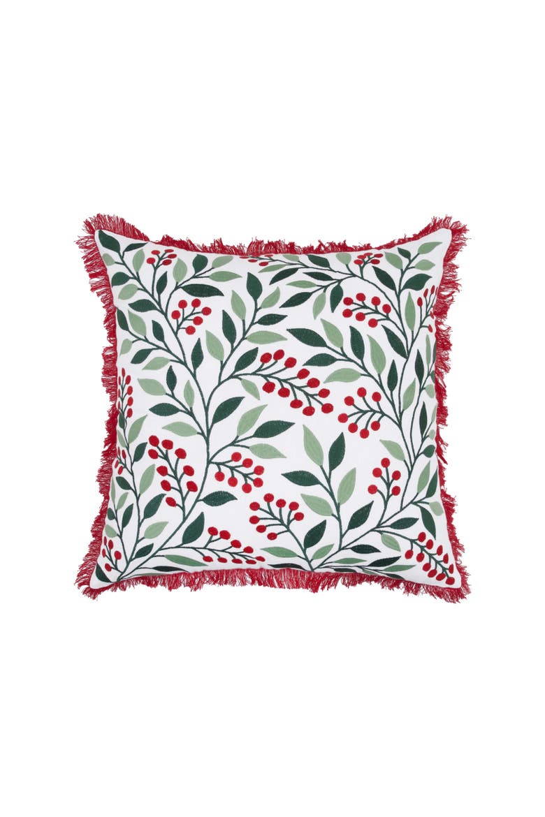 Embroidered Holly Berry Vines Foliage Fringed Christmas Throw Pillow 18" x 18", Main, color, Green