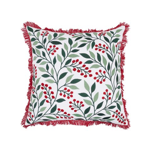 Embroidered Holly Berry Vines Foliage Fringed Christmas Throw Pillow 18" x 18"