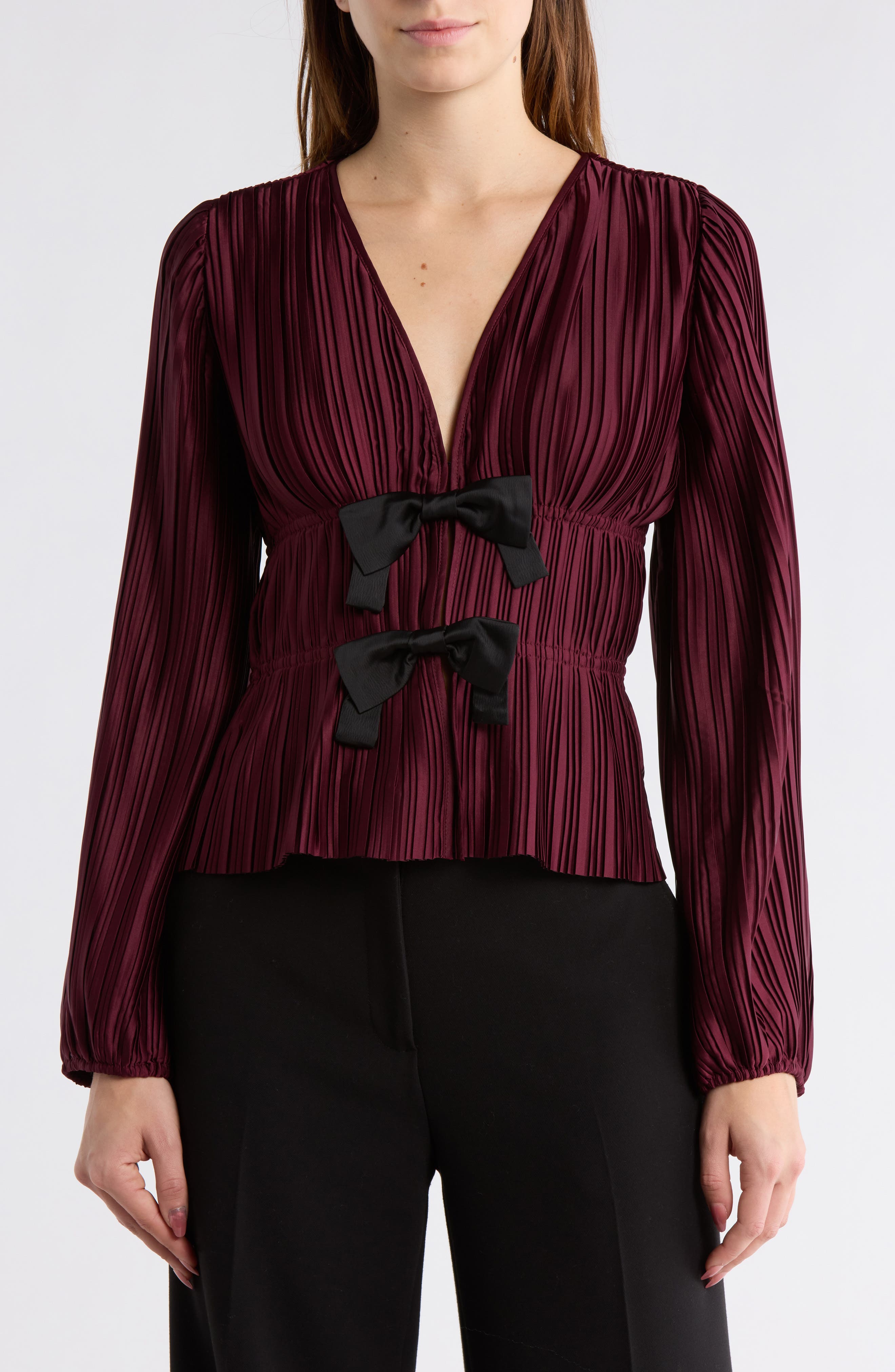WAYF Bow Long Sleeve Plissé Top