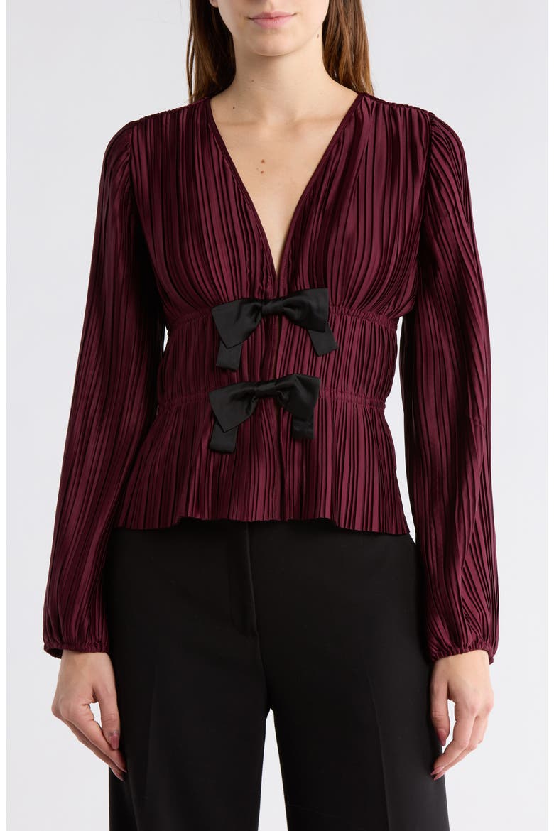 Bow Long Sleeve Plissé Top, Main, color, AUBERGINE
