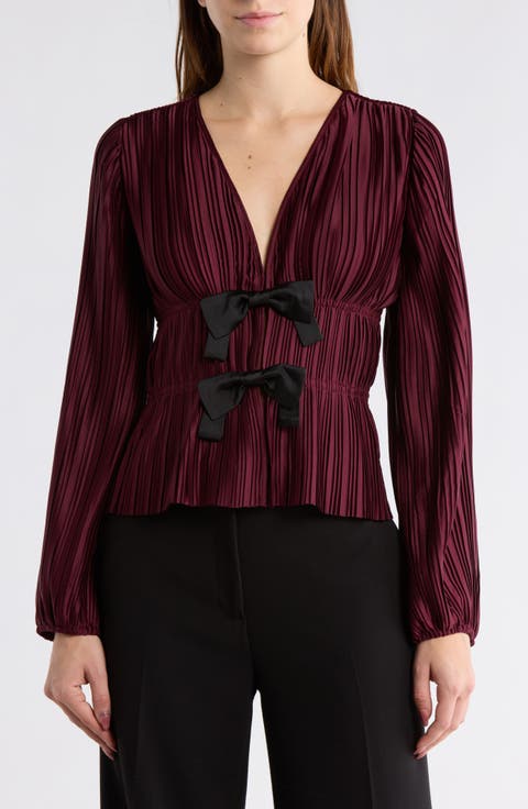 Bow Long Sleeve Plissé Top