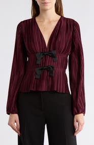 WAYF Bow Long Sleeve Plissé Top