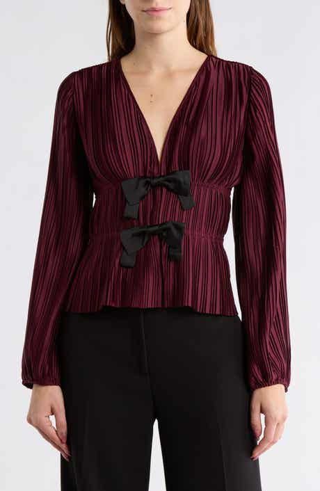 WAYF Bow Long Sleeve Plissé Top