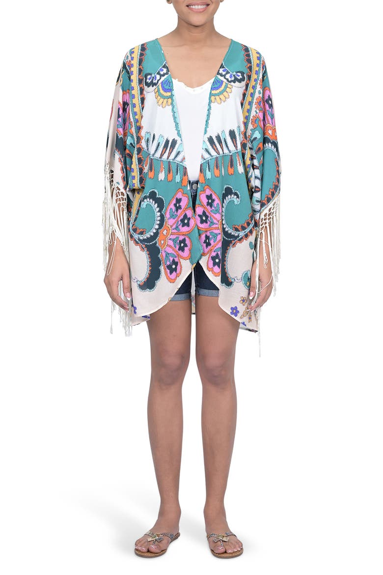 Fringe Kimono Wrap, Main, color, CREAM TEAL