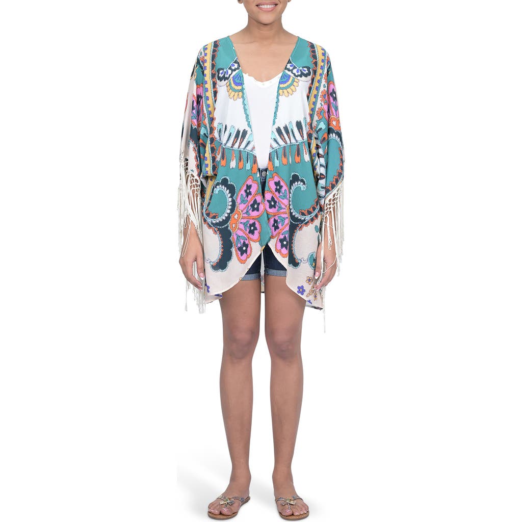 Vismaya Fringe Kimono Wrap In Cream Teal
