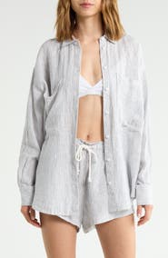 LEFT ON FRIDAY Getaway Stripe Linen Cover-Up Shirt