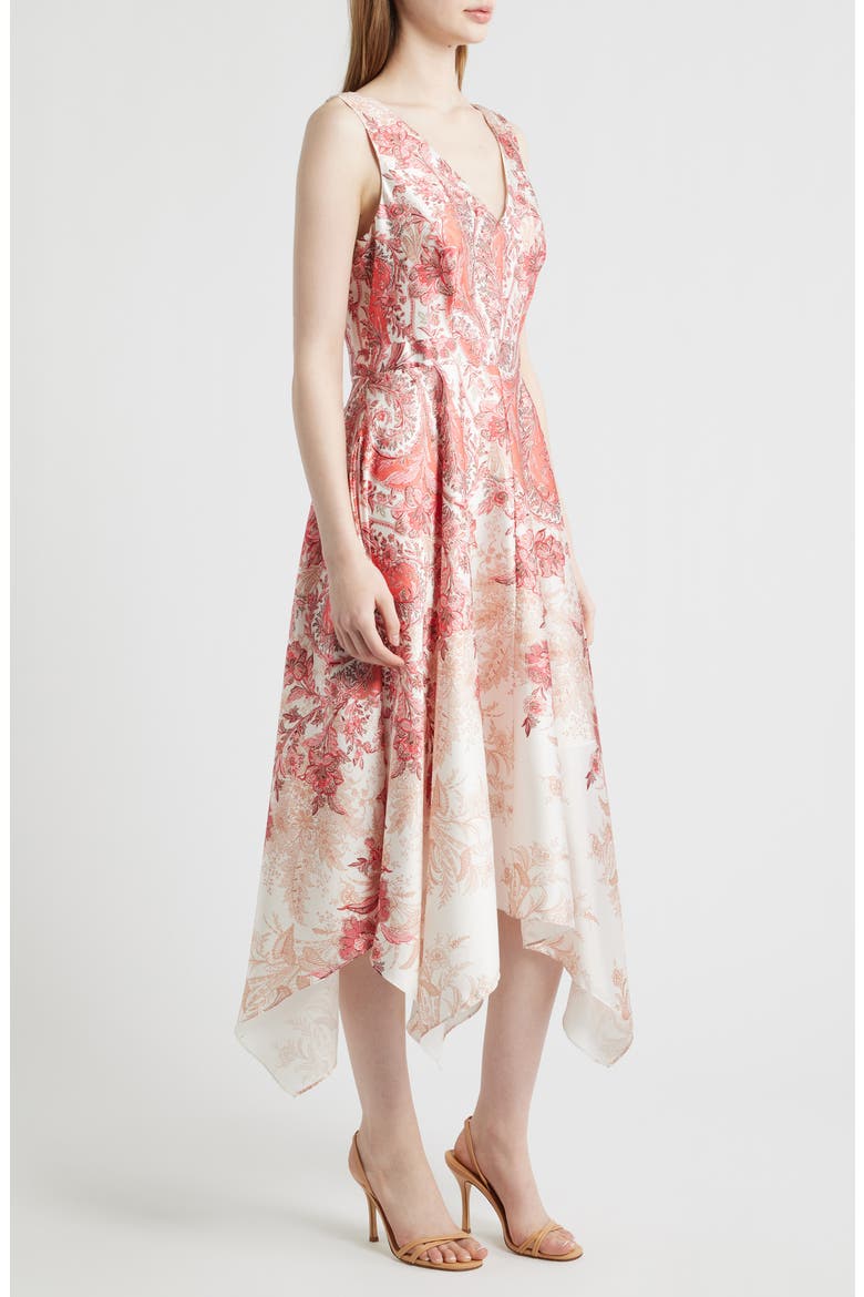 Scarf Print Handkerchief Hem Satin Midi Dress, Alternate, color, CORAL MULTI