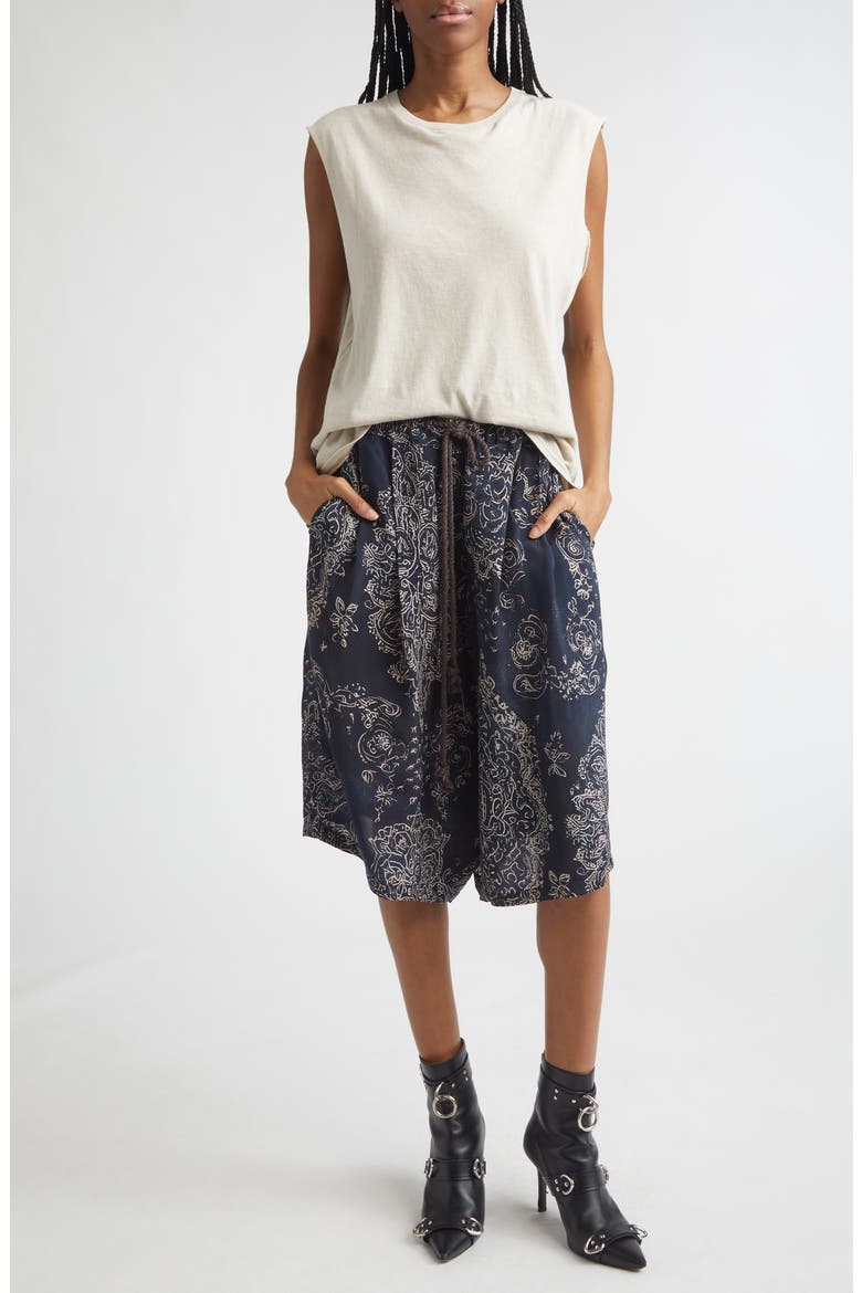 Pleated Jumbo Drawstring Waist Cupro Shorts, Alternate, color, BLUE MEDALLION PRINT