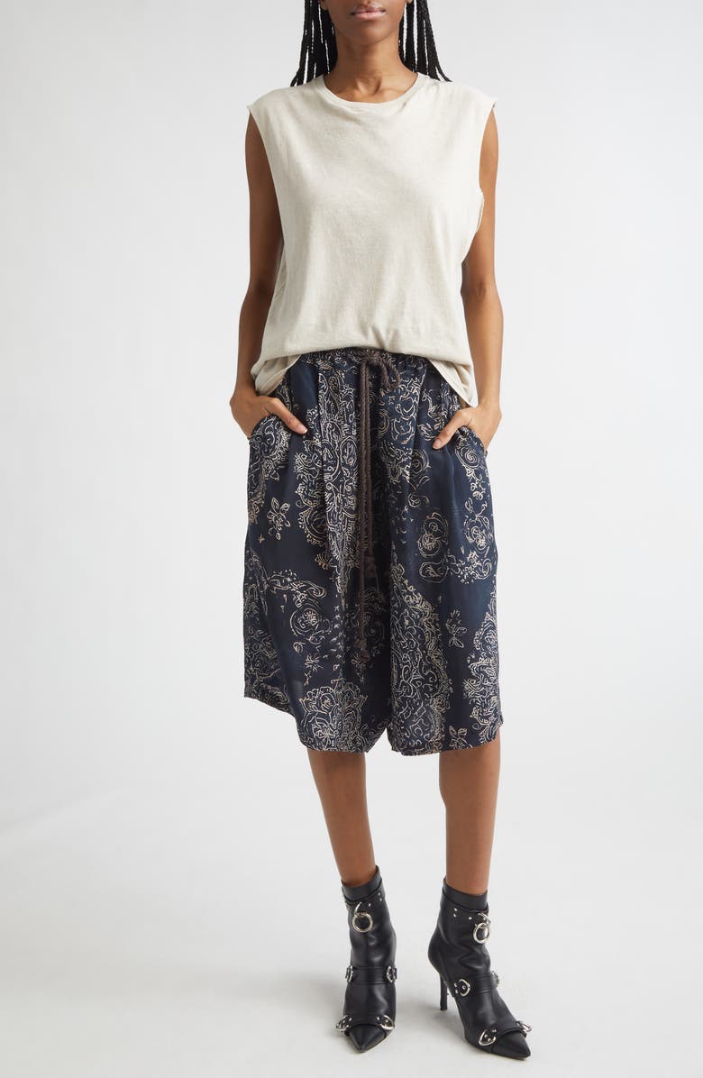 R13 Pleated Jumbo Drawstring Waist Cupro Shorts, Alternate, color, Blue Medallion Print