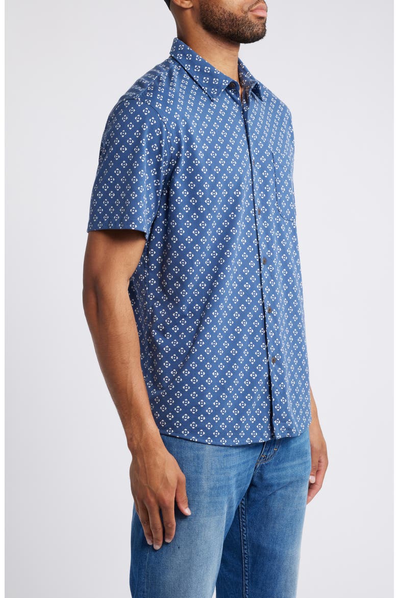 Print Short Sleeve Cotton Button-Up Shirt, Alternate, color, NAVY ATLAS