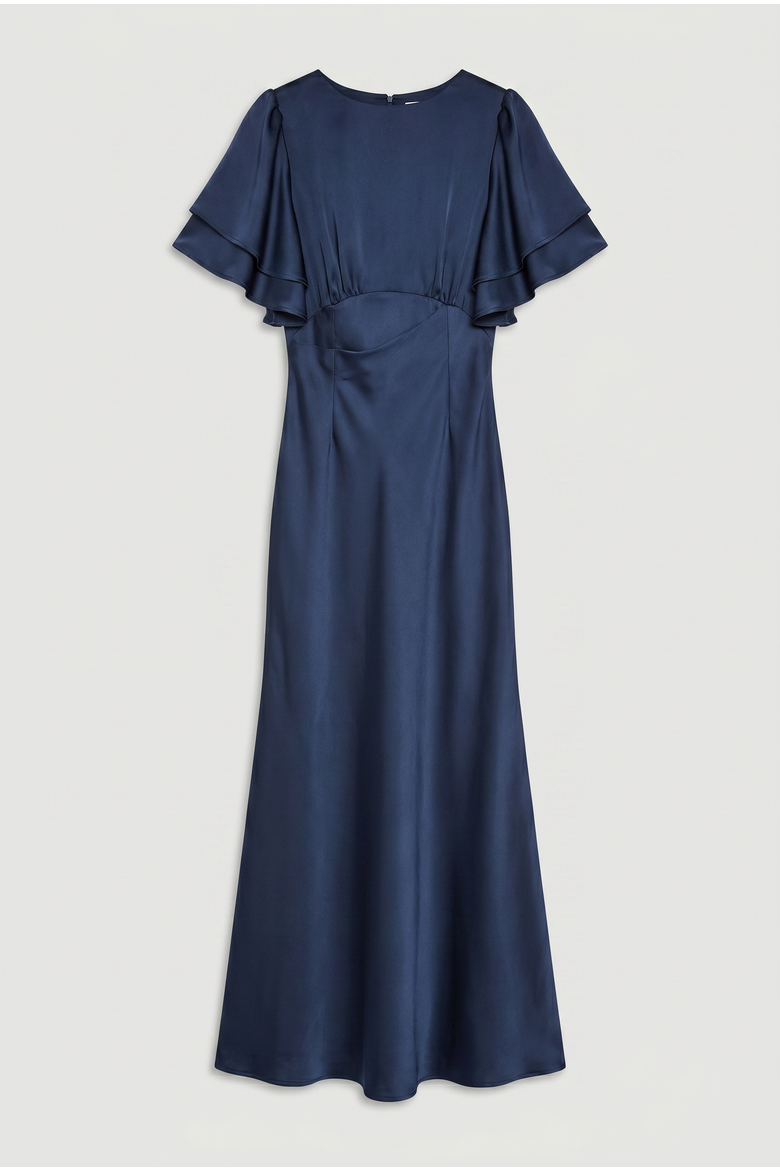 High Neck Crepe Maxi Dress, Alternate, color, Navy