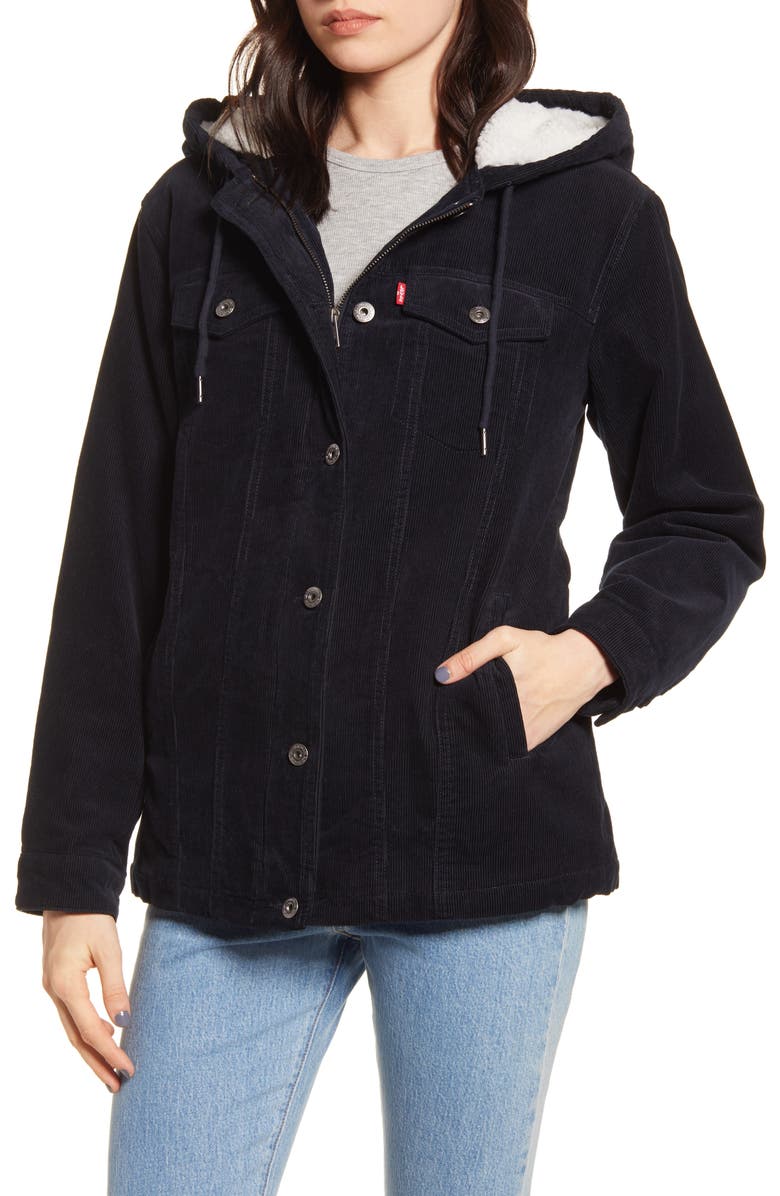 Levi's<sup>®</sup> Hooded Corduroy Trucker Jacket with Faux Shearling Lining, Alternate, color, 