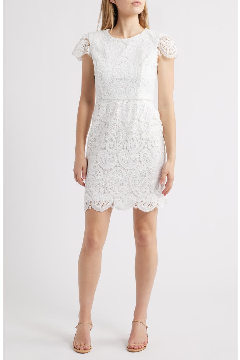 Paisley Lace Cap Sleeve Sheath Dress, Main, color, WHITE