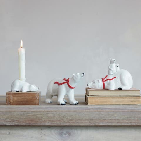 Stoneware Polar Bear Family Figurine in Red & Black Scarf