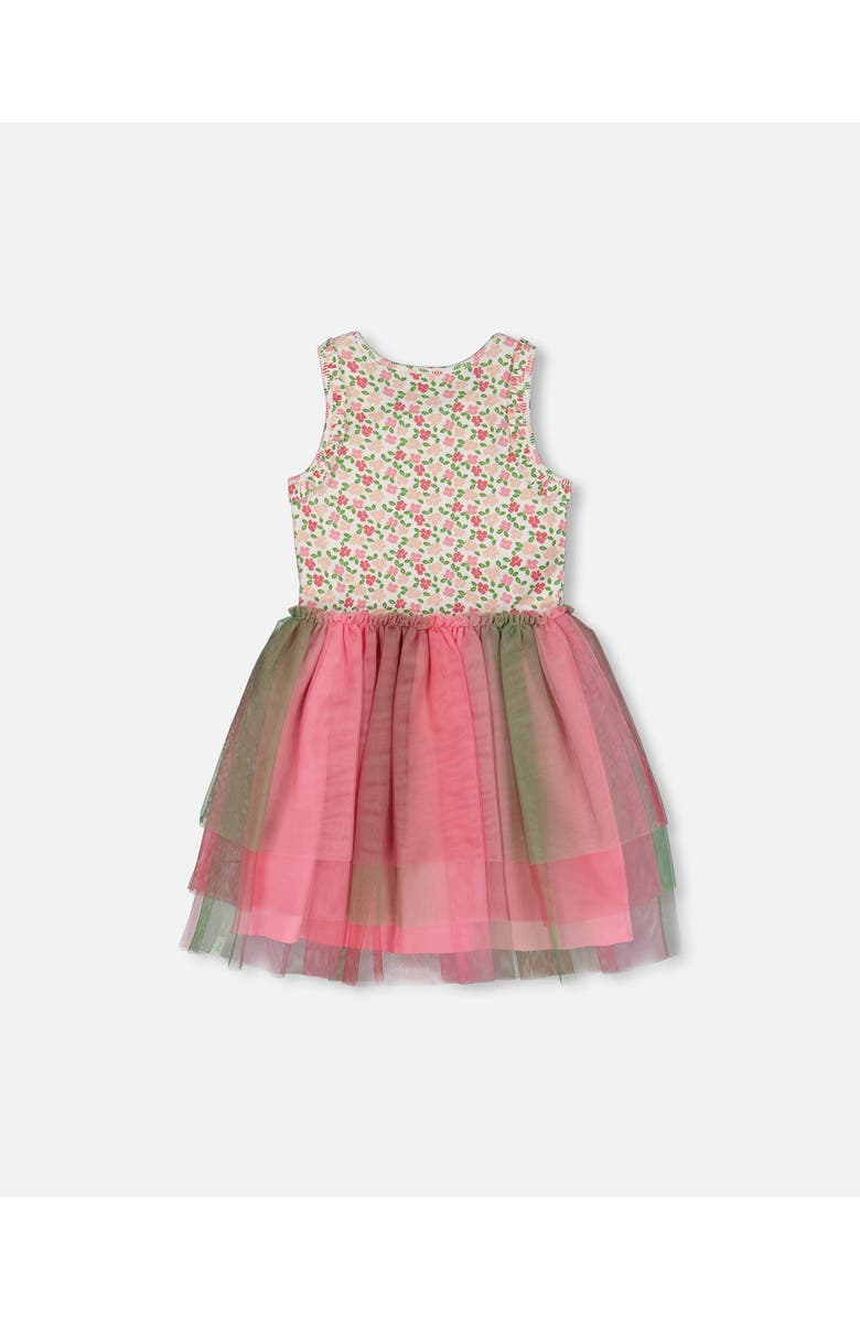 Deux par Deux Little Girl's Bi-Material Cotton And Mesh Dress Small Flowers And Multicolored Gradient Skirt, Alternate, color, 