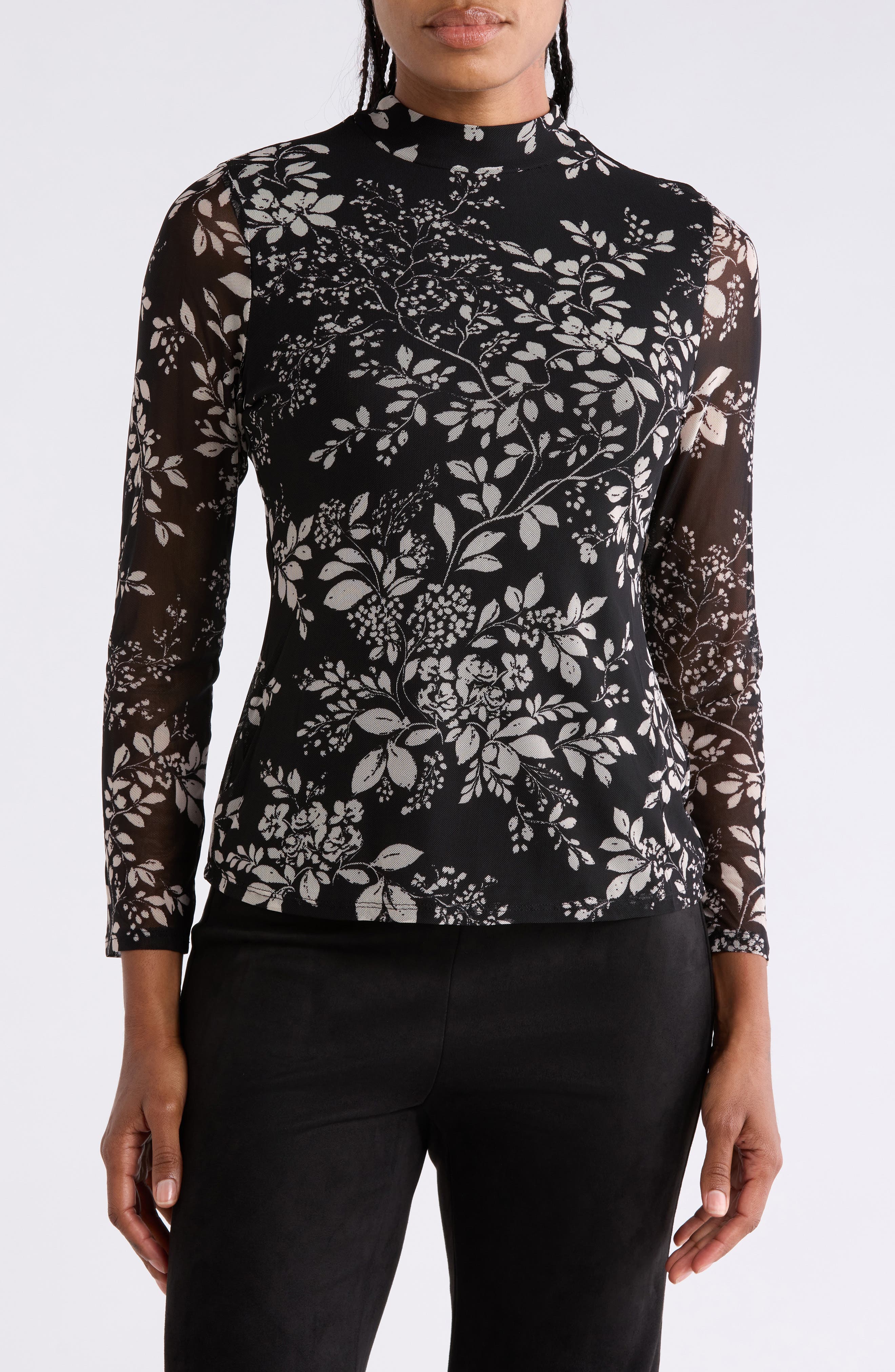 Floral Mesh Mock Neck Top