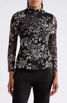 Floral Mesh Mock Neck Top