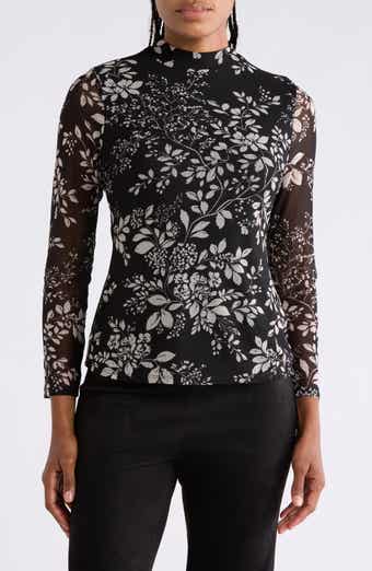 Floral Mesh Mock Neck Top