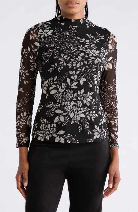 Floral Mesh Mock Neck Top