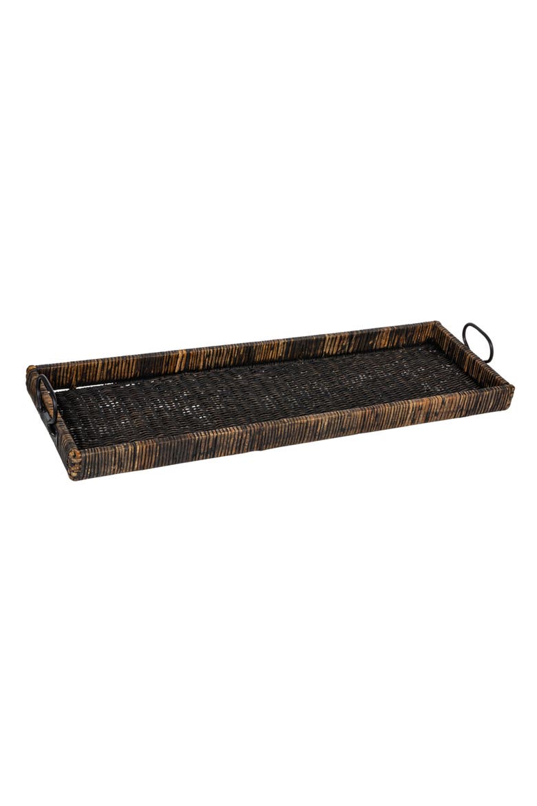 Black Rattan & Wood Tray with Handles, Main, color, Black