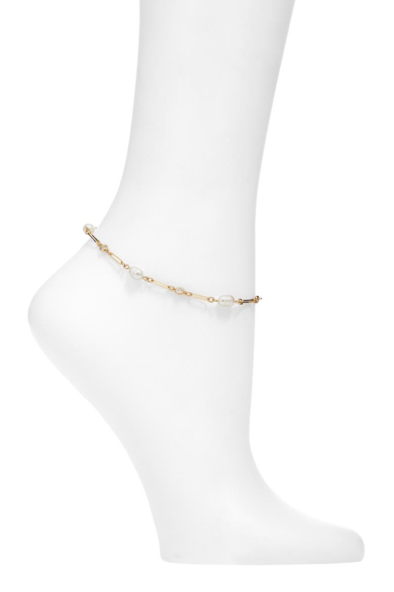 Demi-Fine Pearl Link Anklet, Main, color, WHITE- 14K GOLD PLATED