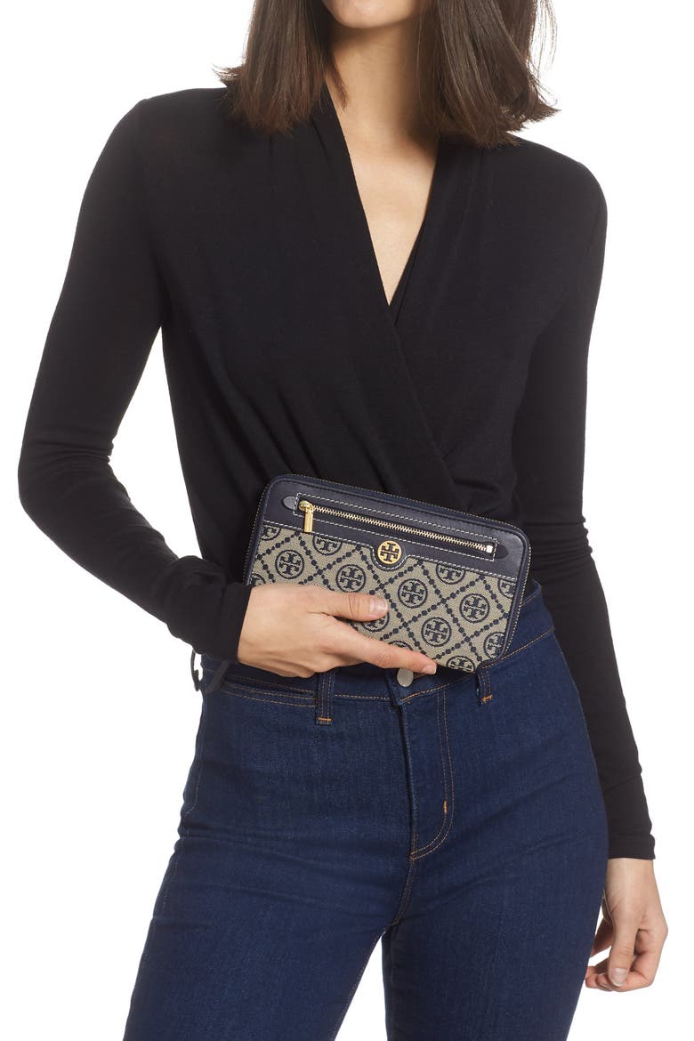 T Monogram Jacquard Continental Wallet, Alternate, color, TORY NAVY