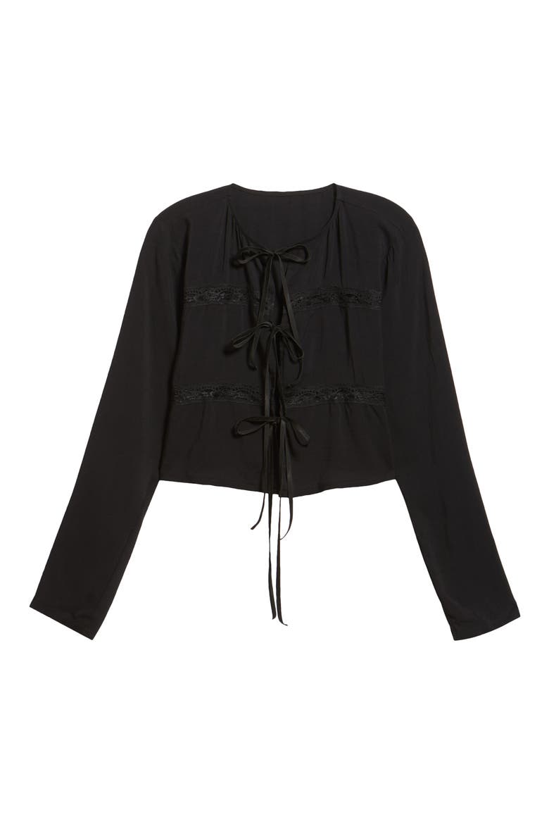 The Camille Lace Inset Tie Front Top, Alternate, color, BLACK