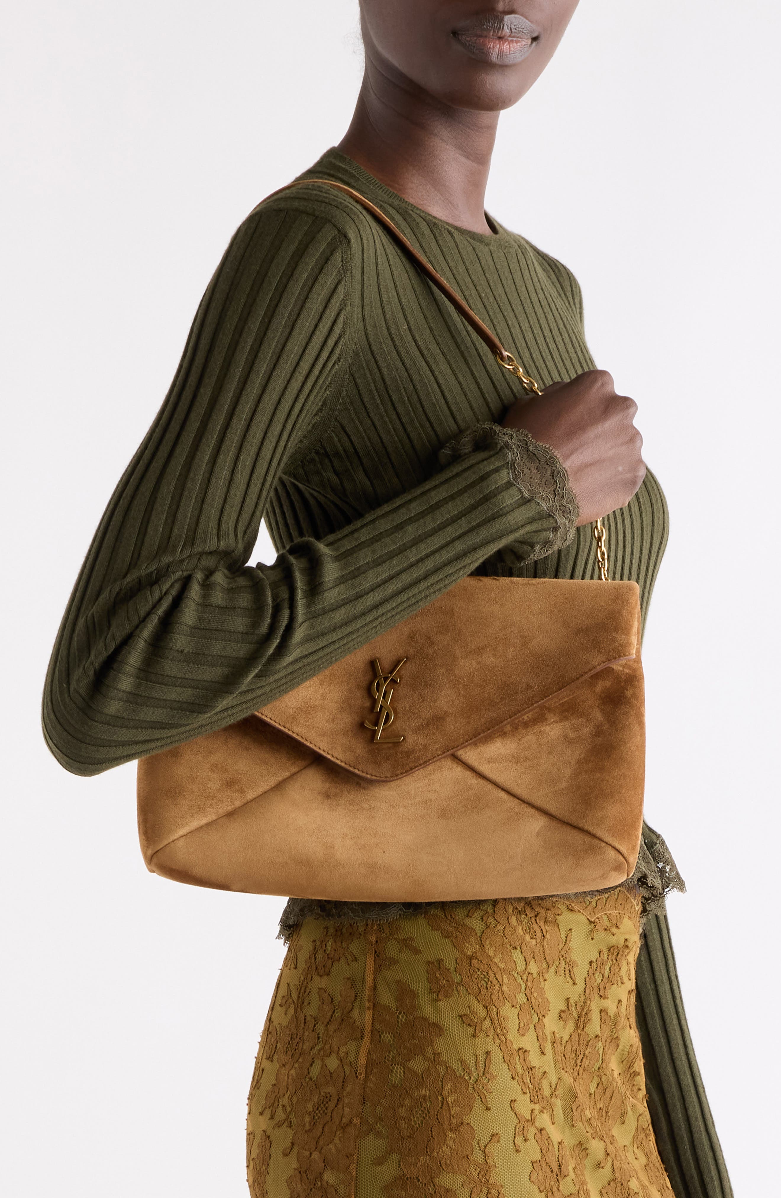 Large Envelope Suede Pouch on Chain, Alternate, color, CARAMEL COGNAC