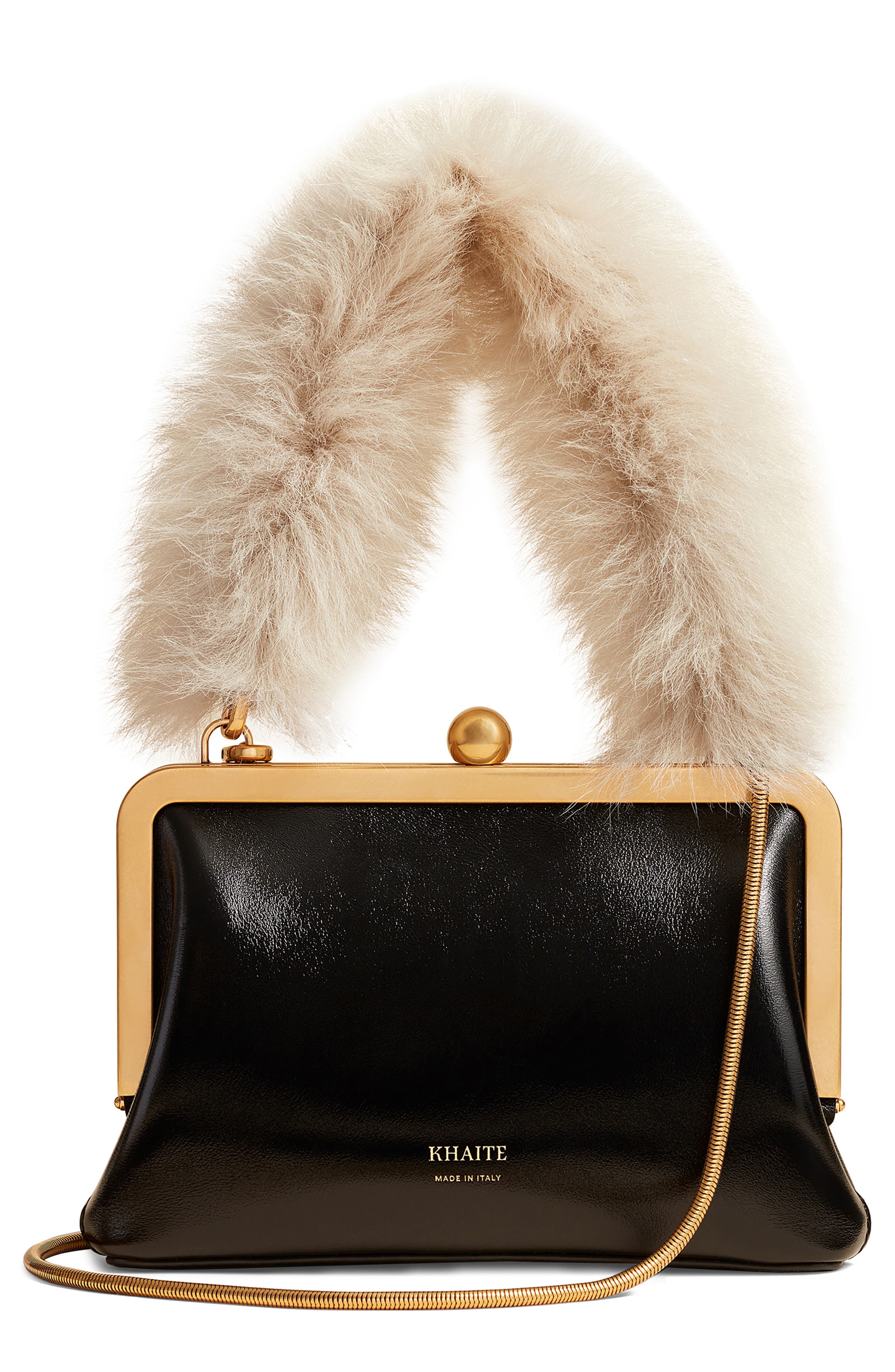 Khaite Small Lilith Patent Leather Handbag with Genuine Shearling Handle, Main, color, 