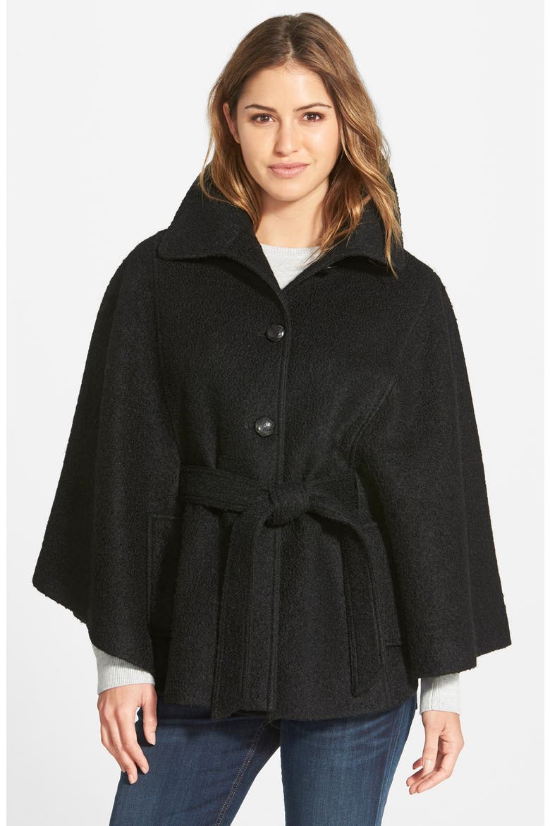 Belted Bouclé Cape, Main, color, BLACK