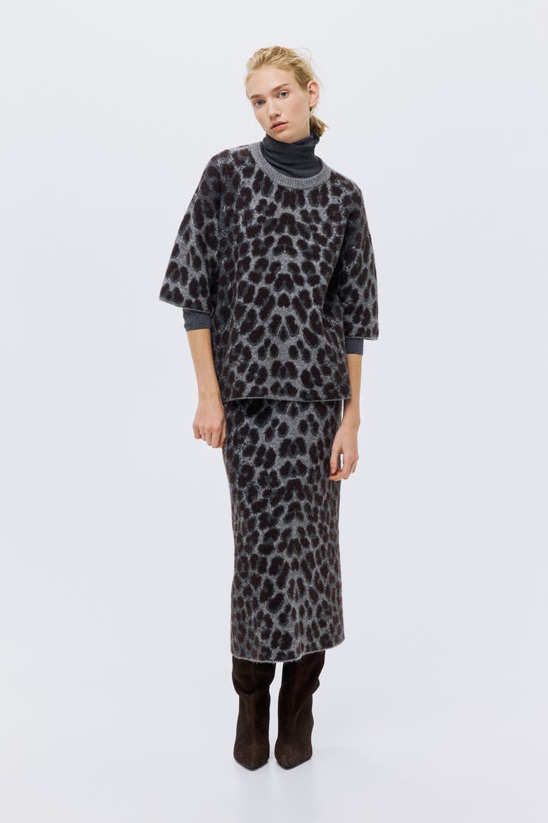 Boxy Jacquard-knit Jumper, Alternate, color, Gray/leopard print