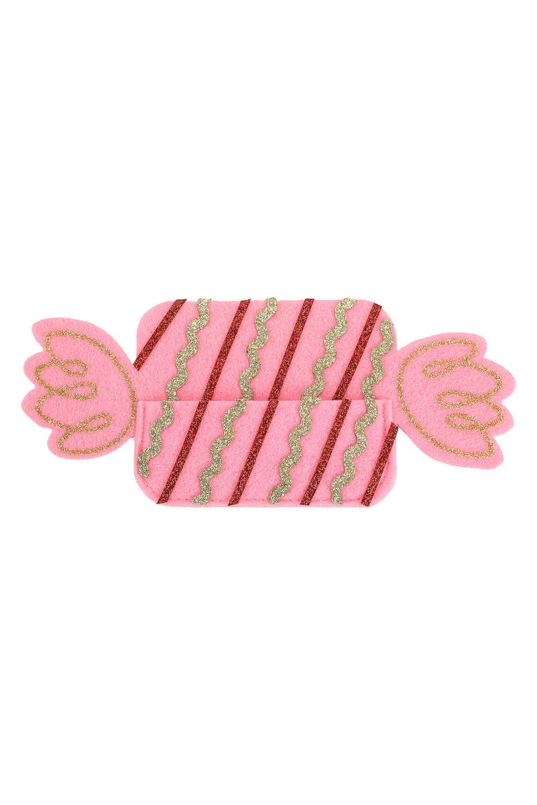 Candy Pink Felt Gift Card Holder - Wrapped Candy-Shaped Holiday Gift Card Sleeve with Gold Glitter and Green Stripes for Christmas Gifting, Alternate, color, Pink