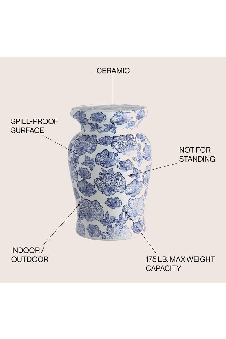 Poppies Traditional Floral Chinoiserie Ceramic Drum Garden Stool, Pierced Indoor/Outdoor Patio Seat & Side Table, Alternate, color, White/Blue